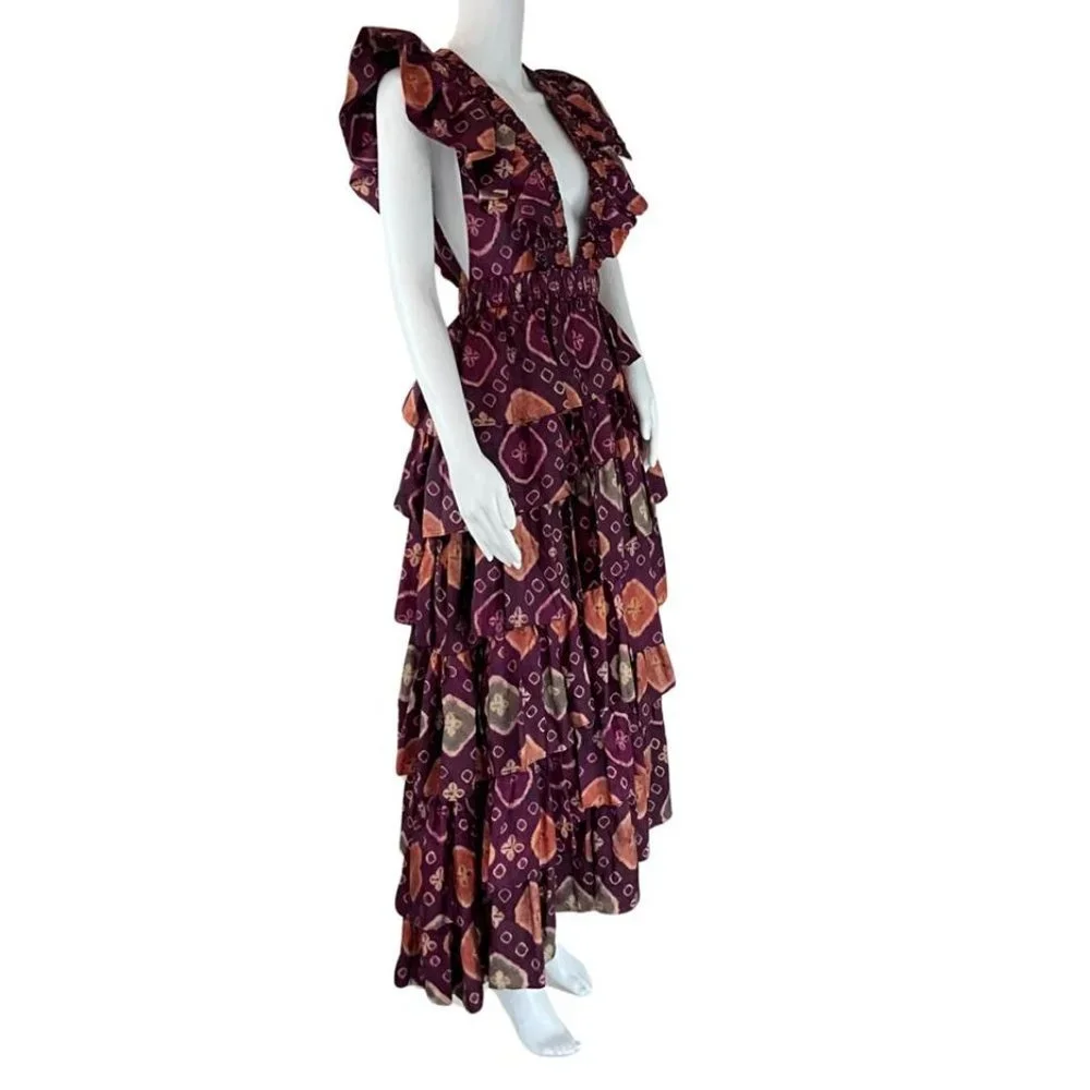 Ulla Johnson Women's Viola Asymmetric Floral Print Tiered Silk Dress Purple Sz 2 - Picture 3 of 10